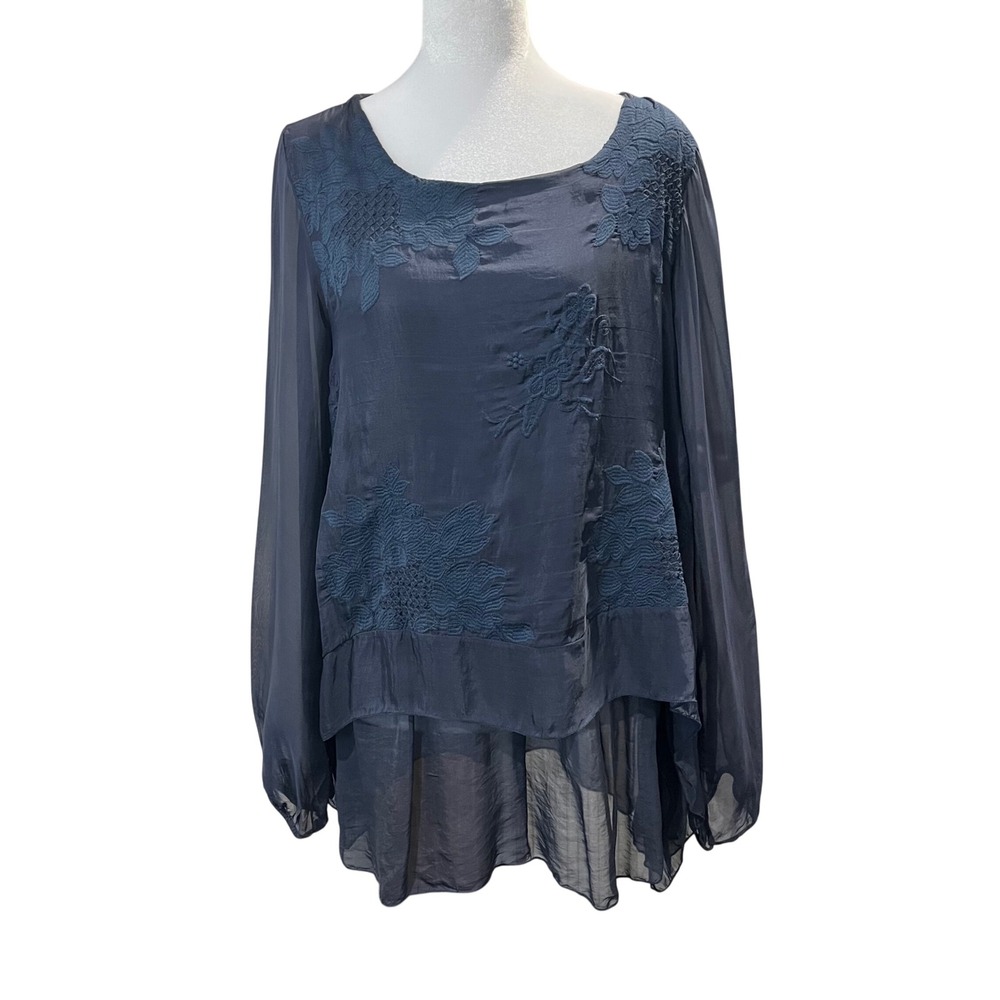 Tempo Paris Silk Tunic Top Navy Blue Embroidered High Low Women's‎ Medium Italy